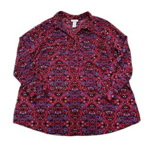 Catherines Button Up Camp Shirt Red Funky Floral Print Classic Plus Size 1X‎